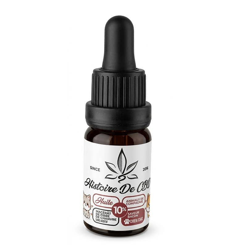 Flacon 30ml huile CBD 10% arôme bacon pour chiens et chats Histoire de CBD fond blanc bien-être animal