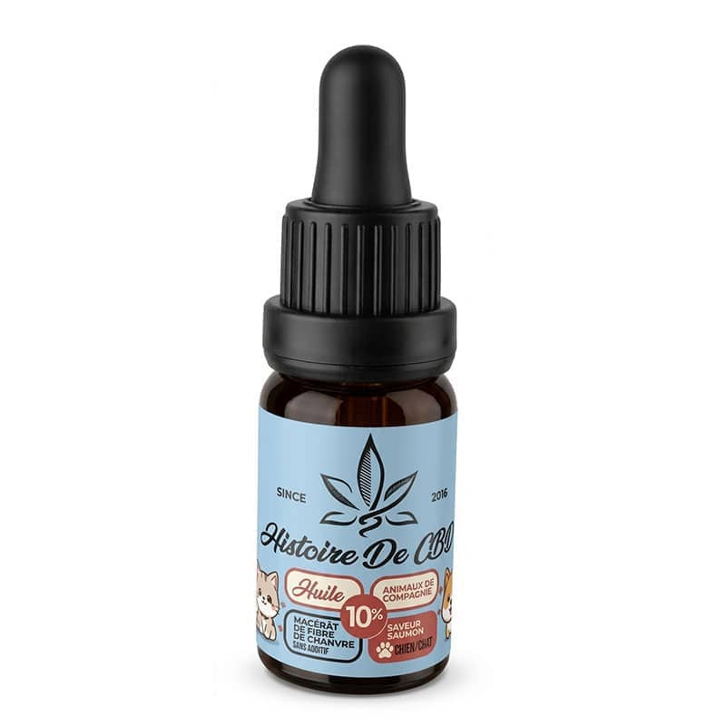 Huile CBD animaux saumon oméga-3 pelage articulations chien chat flacon verre ambré compte-gouttes Histoire de CBD